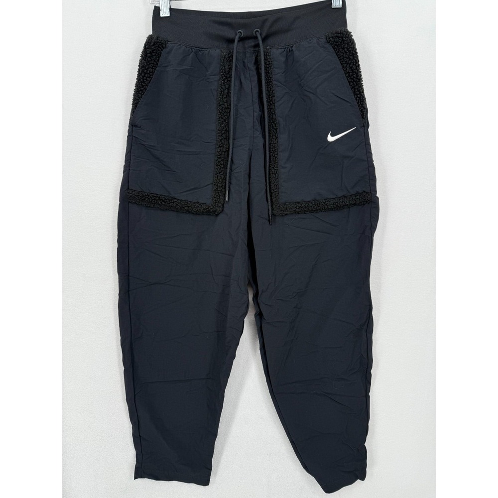 Nike Sportswear Women's High Rise Woven Pants Small Black Sherpa Trim